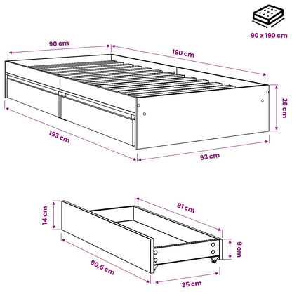 Giroletto con Cassetti Bianco 90x190 cm in Legno Multistrato