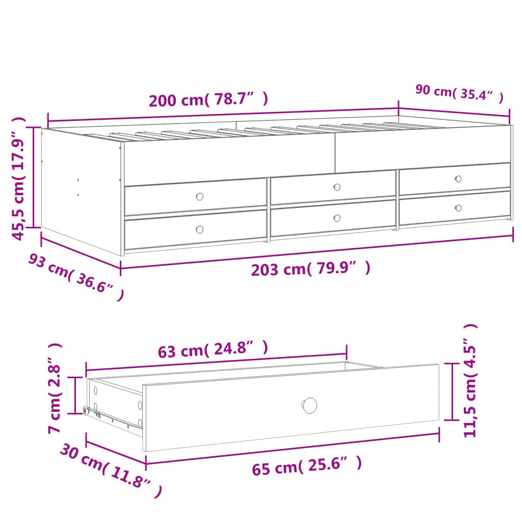 Divano Letto con Cassetti senza Materasso Rovere Fumo 90x200 cm | homemem39
