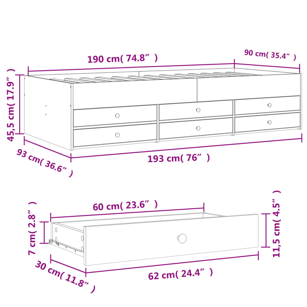Divano Letto con Cassetti senza Materasso Rovere Fumo 90x190 cm | homemem39