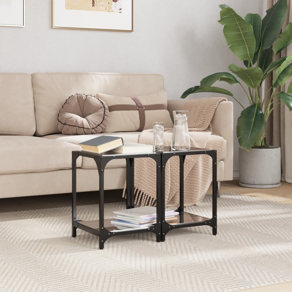 Tavolini da Salotto con Piano Vetro Nero 2pz 30x30x40cm Acciaio | homemem39