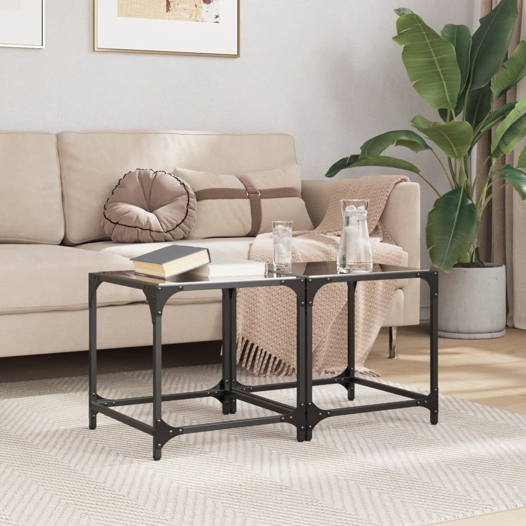 Tavolini da Salotto con Piano Vetro Nero 2pz 40x40x40cm Acciaio | homemem39