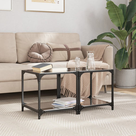 Tavolini da Salotto con Piano Vetro Nero 2pz 40x40x40cm Acciaio | homemem39