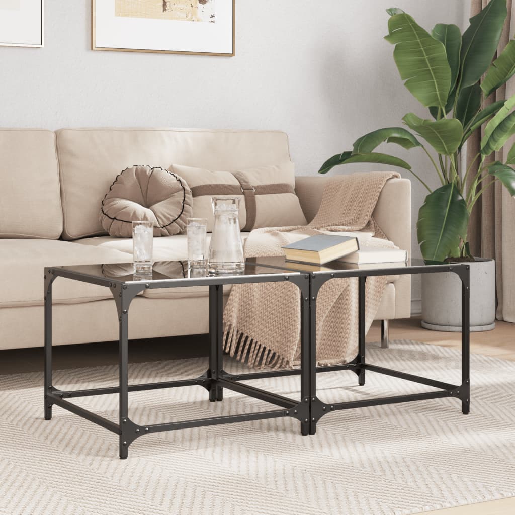 Tavolini da Salotto con Piano Vetro Nero 2pz 50x50x40cm Acciaio | homemem39