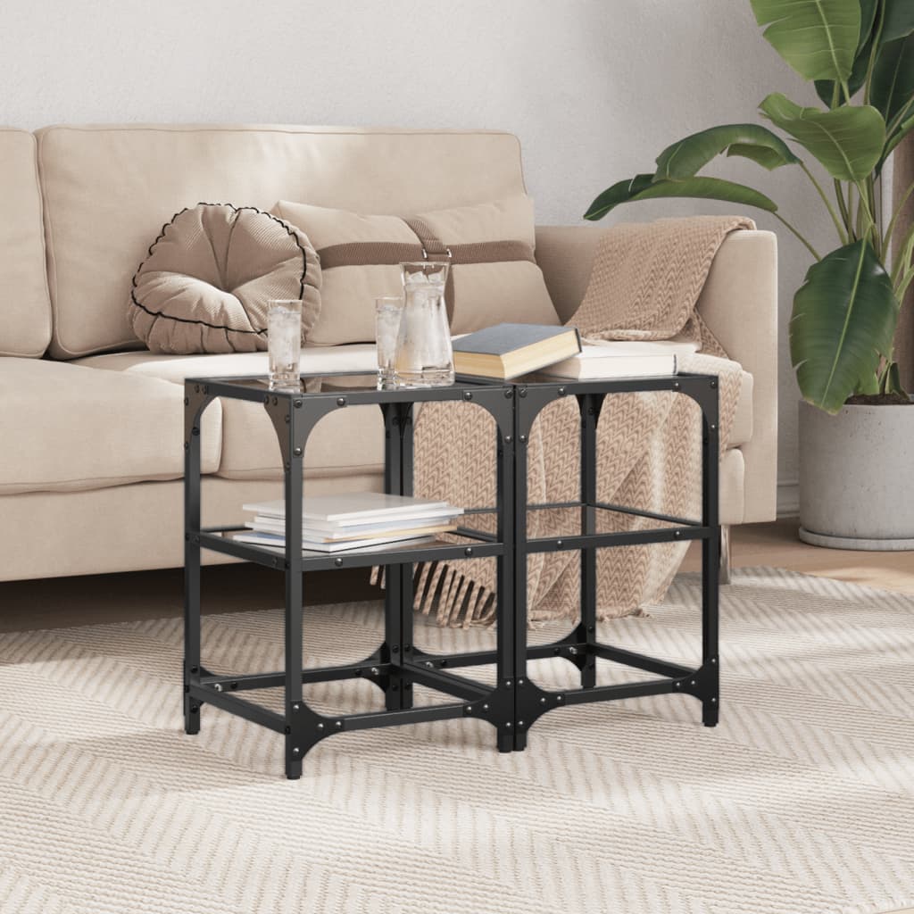 Tavolini da Salotto con Piano Vetro Nero 2pz 30x30x45cm Acciaio | homemem39