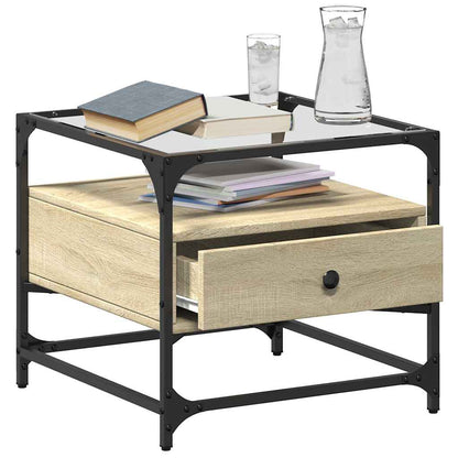 Tavolino con Piano in Vetro Rovere Sonoma 50x50x45 cm Acciaio | homemem39