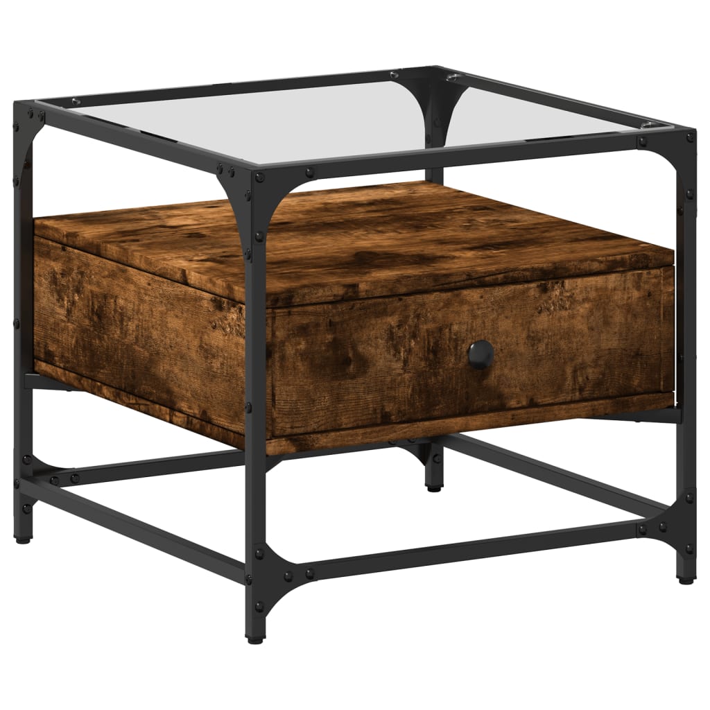 Tavolino con Piano in Vetro Rovere Fumo 50x50x45 cm Acciaio | homemem39