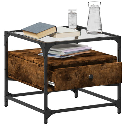 Tavolino con Piano in Vetro Rovere Fumo 50x50x45 cm Acciaio | homemem39