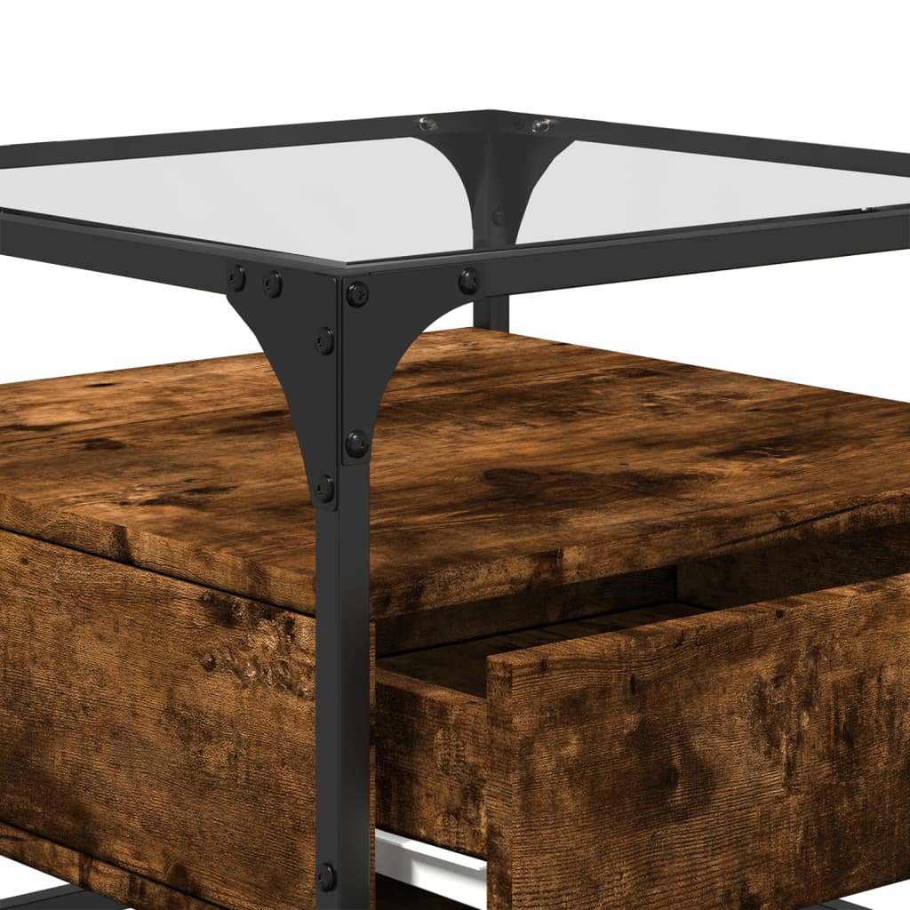 Tavolino con Piano in Vetro Rovere Fumo 50x50x45 cm Acciaio | homemem39