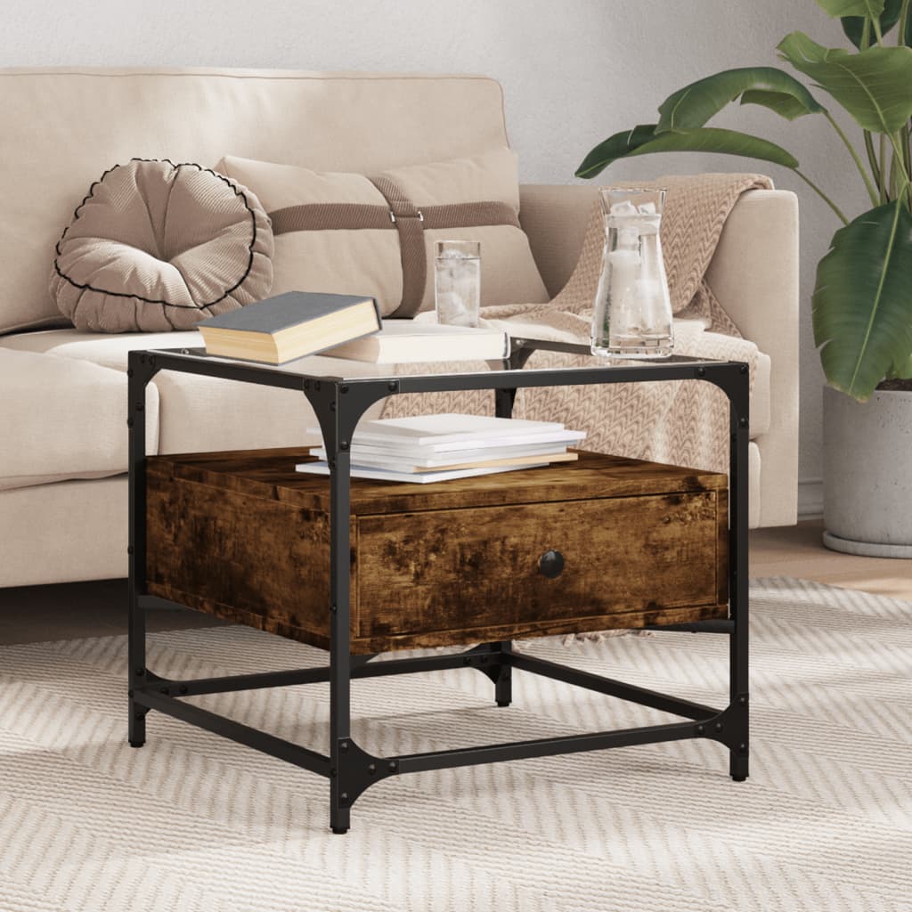 Tavolino con Piano in Vetro Rovere Fumo 50x50x45 cm Acciaio | homemem39