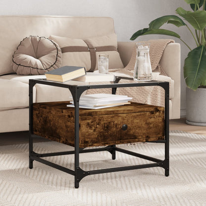 Tavolino con Piano in Vetro Rovere Fumo 50x50x45 cm Acciaio | homemem39