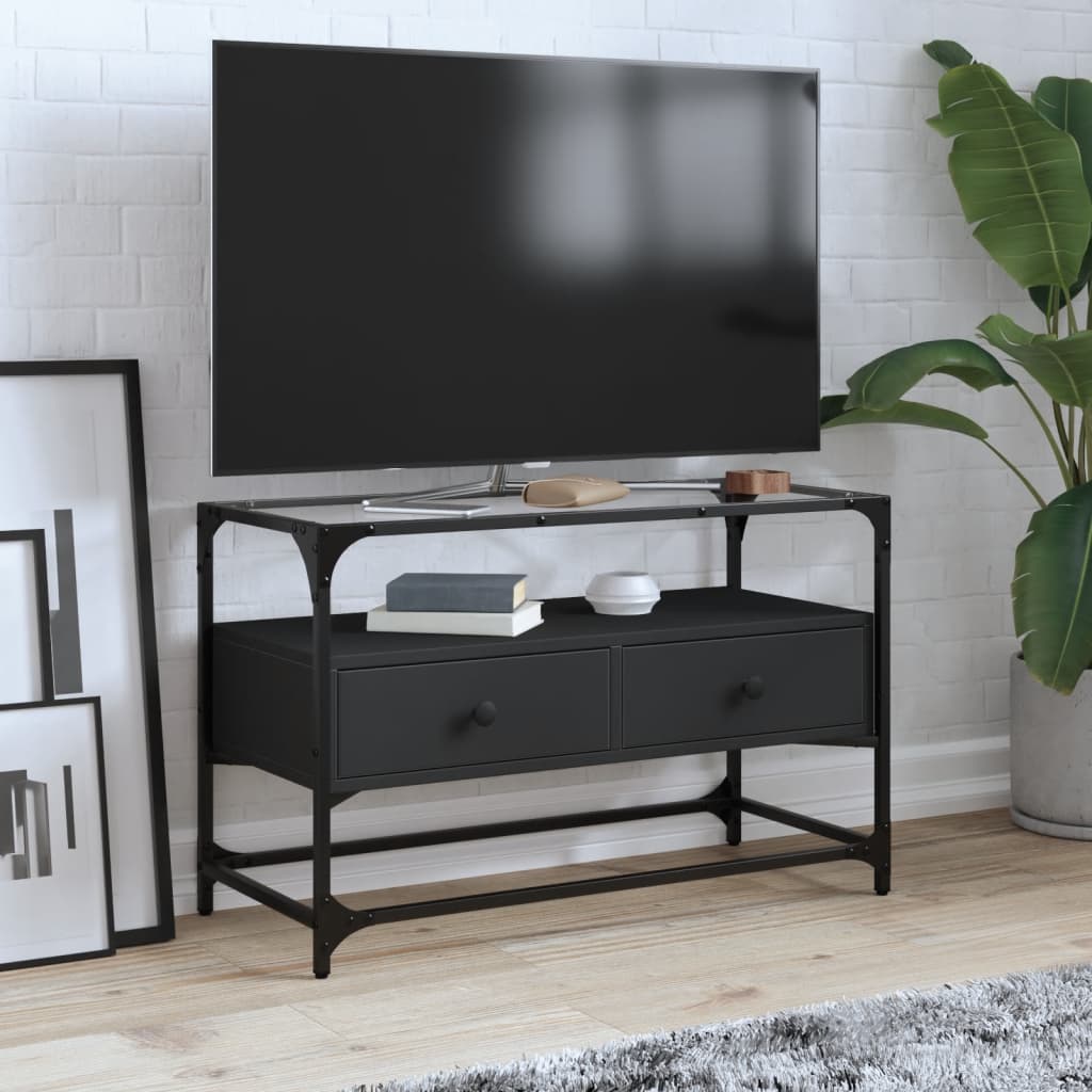 Mobile TV con Piano in Vetro Nero 80x35x51 cm Legno Multistrato - homemem39