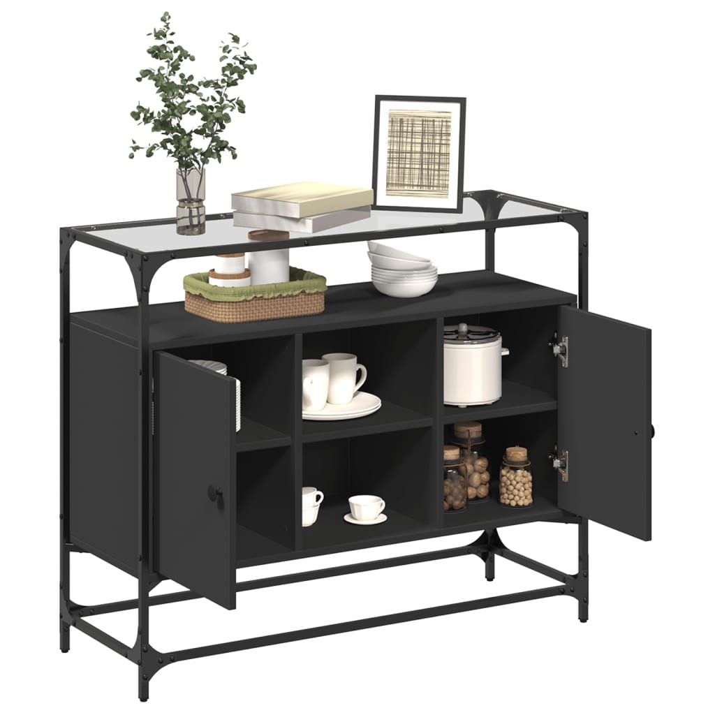 Credenza con Piano in Vetro Nero 98x35x81cm Legno Multistrato - homemem39