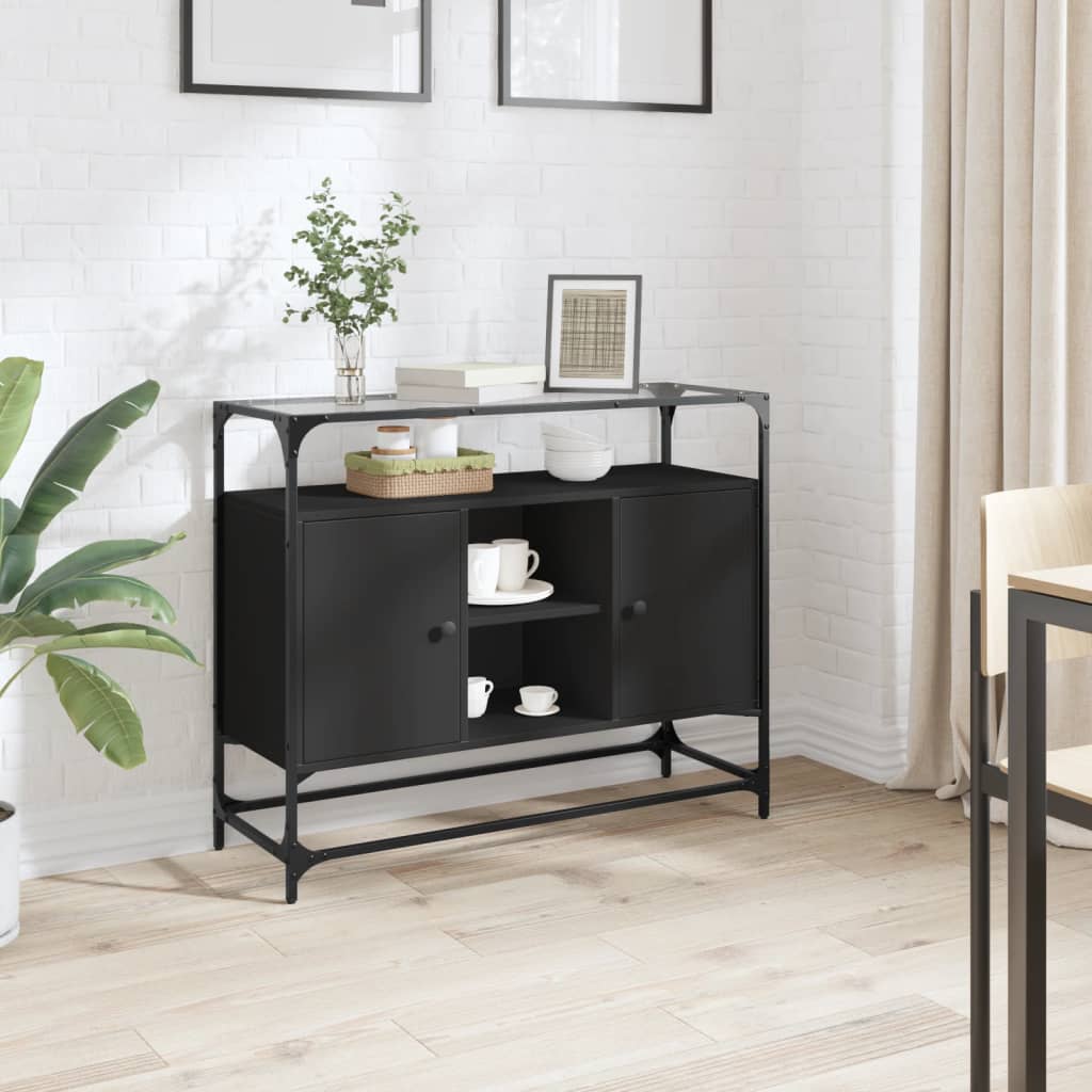 Credenza con Piano in Vetro Nero 98x35x81cm Legno Multistrato - homemem39