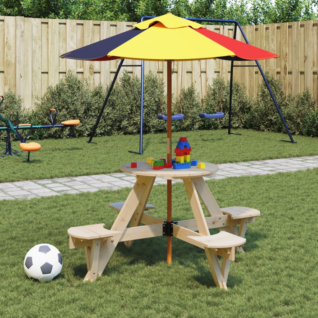 Tavolo Picnic per 4 Bambini con Ombrellone Rotondo Legno Abete