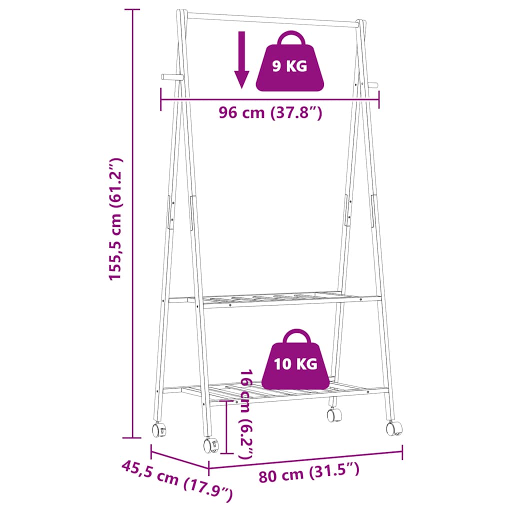 Appendiabiti con Ripiani e Ruote 96x45,5x155,5 cm in Bambù | homemem39