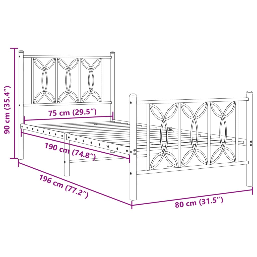 Giroletto con Testiera e Pediera Metallo Nero 75x190 cm | homemem39