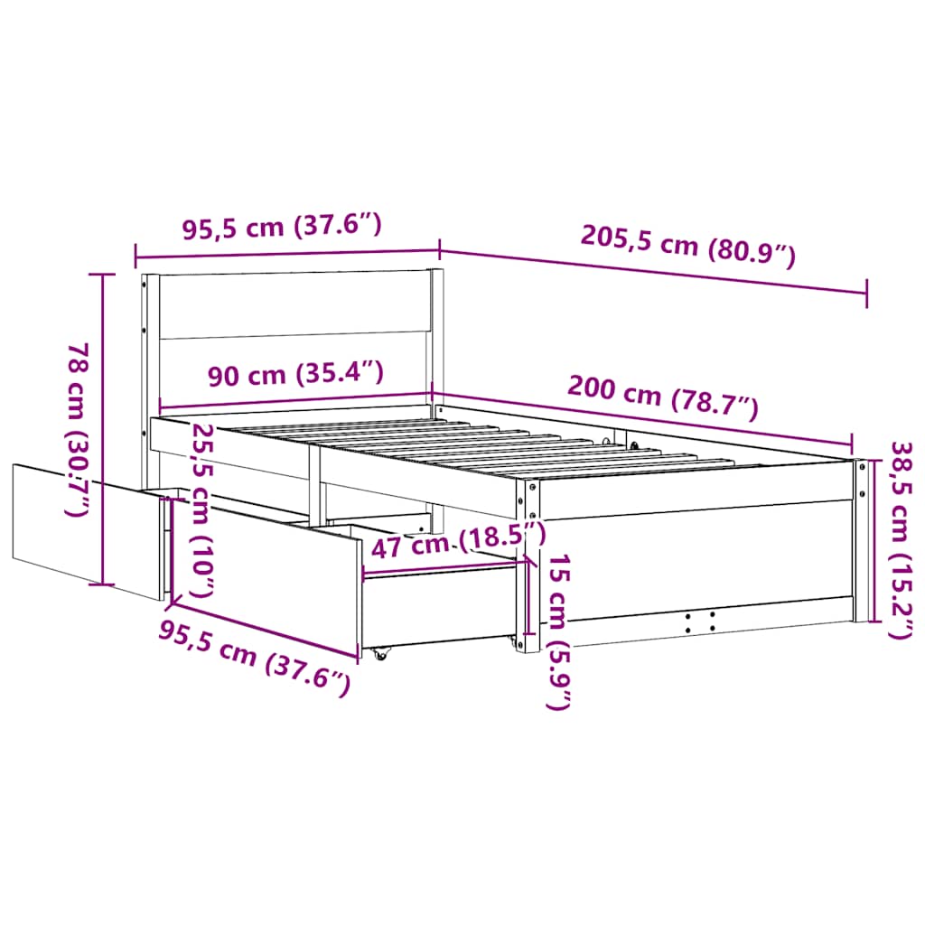 Letto senza Materasso Bianco 90x200 cm Legno Massello di Pino | homemem39