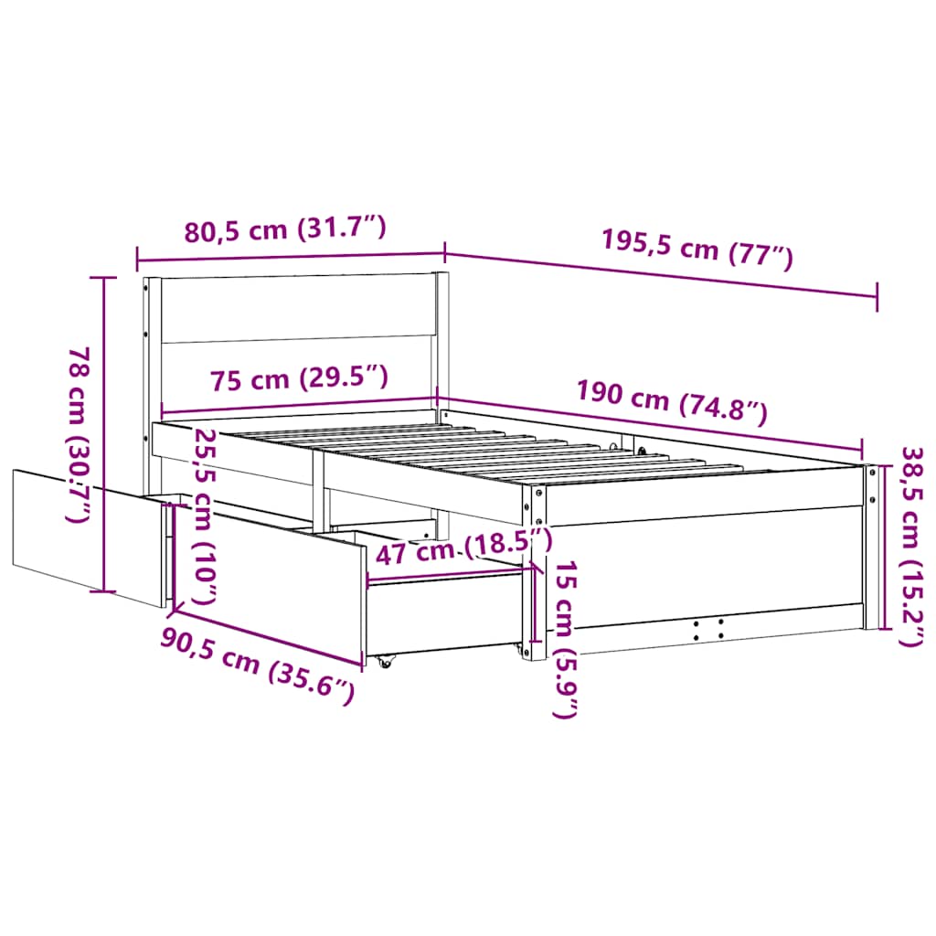 Letto senza Materasso 75x190 cm in Legno Massello Pino | homemem39