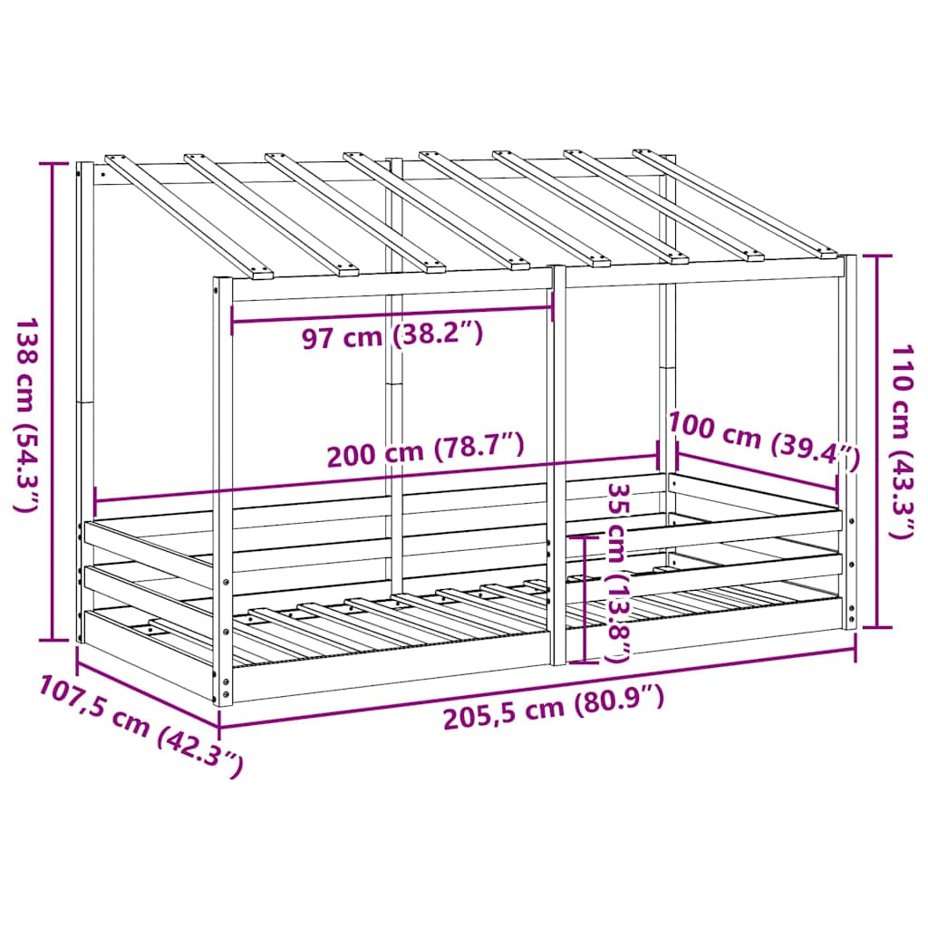 Letto per Bambini con Tetto 100x200 cm Legno Massello di Pino | homemem39