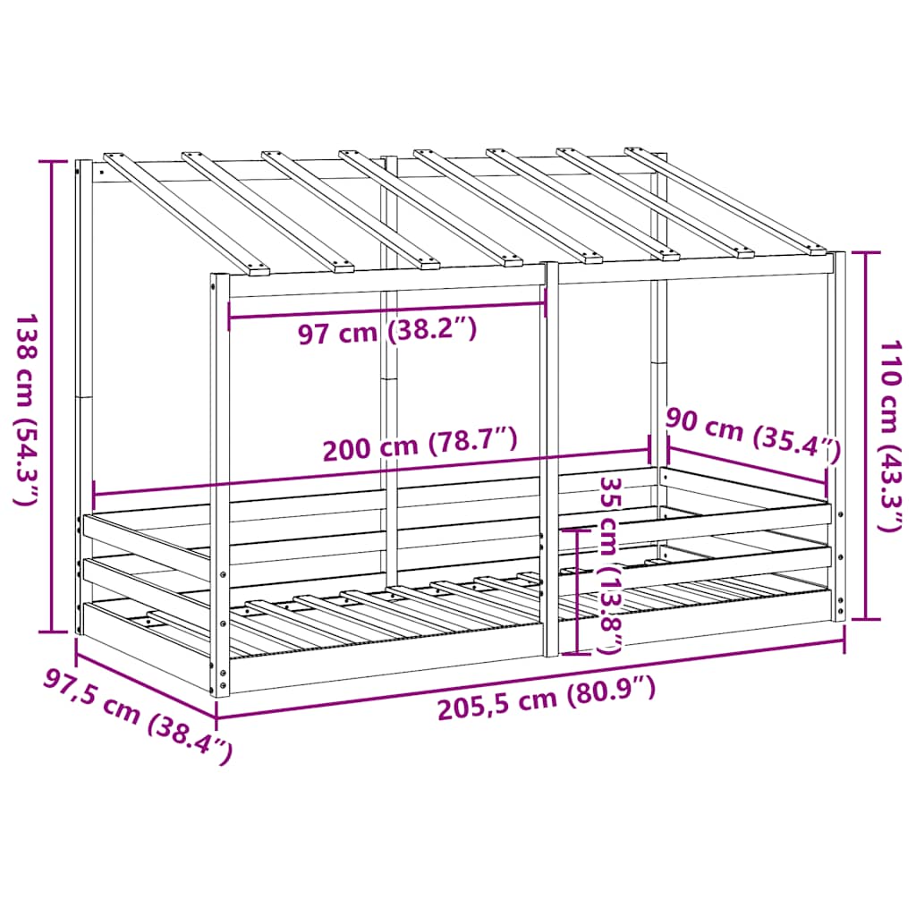 Letto Bambini con Tetto Marrone Cera 90x200 cm Massello Pino | homemem39