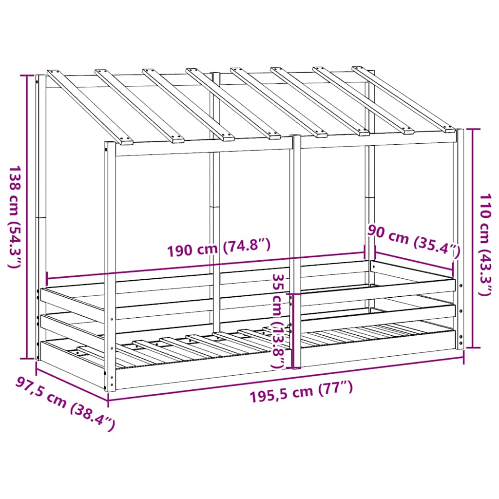 Letto per Bambini con Tetto 90x190 cm in Legno Massello di Pino | homemem39