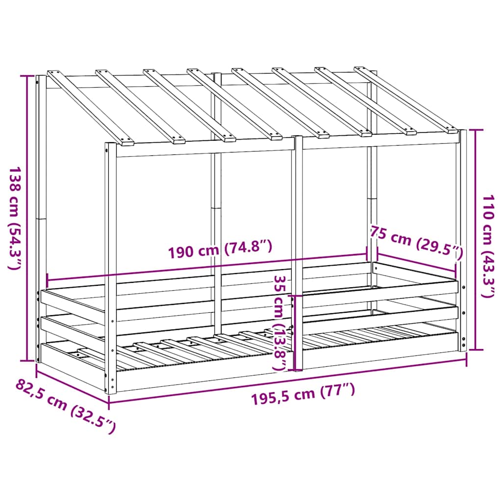 Letto per Bambini con Tetto 75x190 cm in Legno Massello di Pino | homemem39