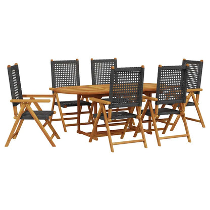 Set Pranzo Giardino 7 pz Nero in Polyrattan e Legno Massello