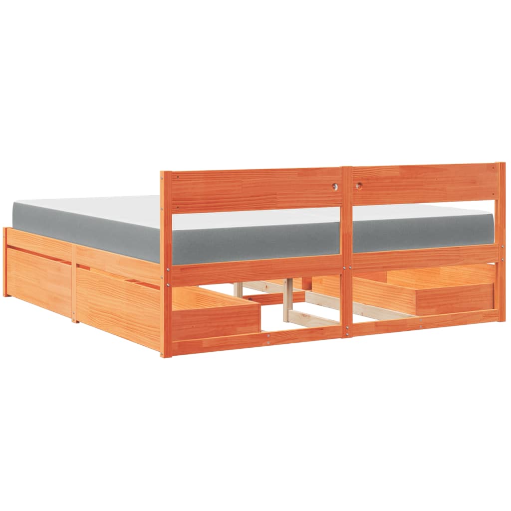Letto Cassetti e Materasso Marrone Cera 200x200cm Massello Pino