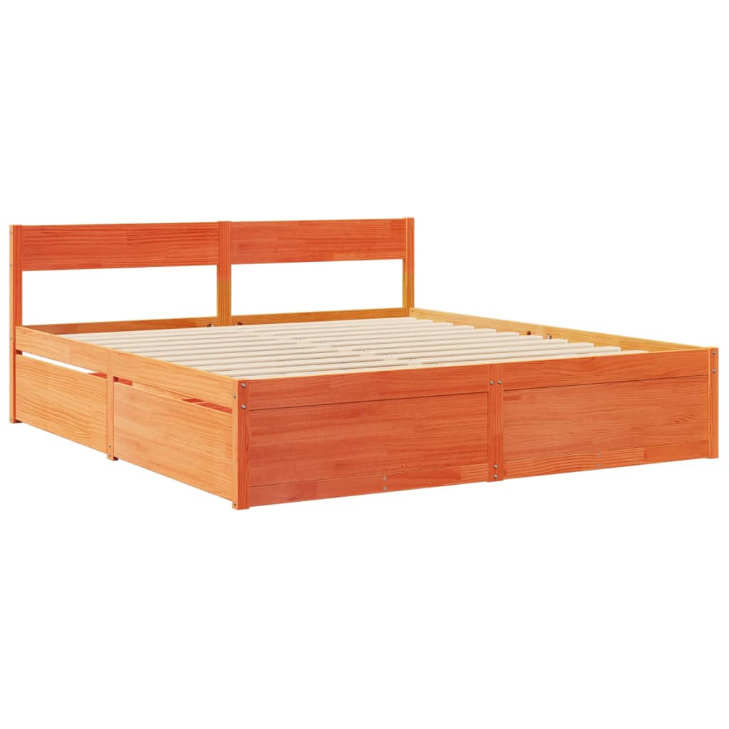Letto Cassetti e Materasso Marrone Cera 200x200cm Massello Pino