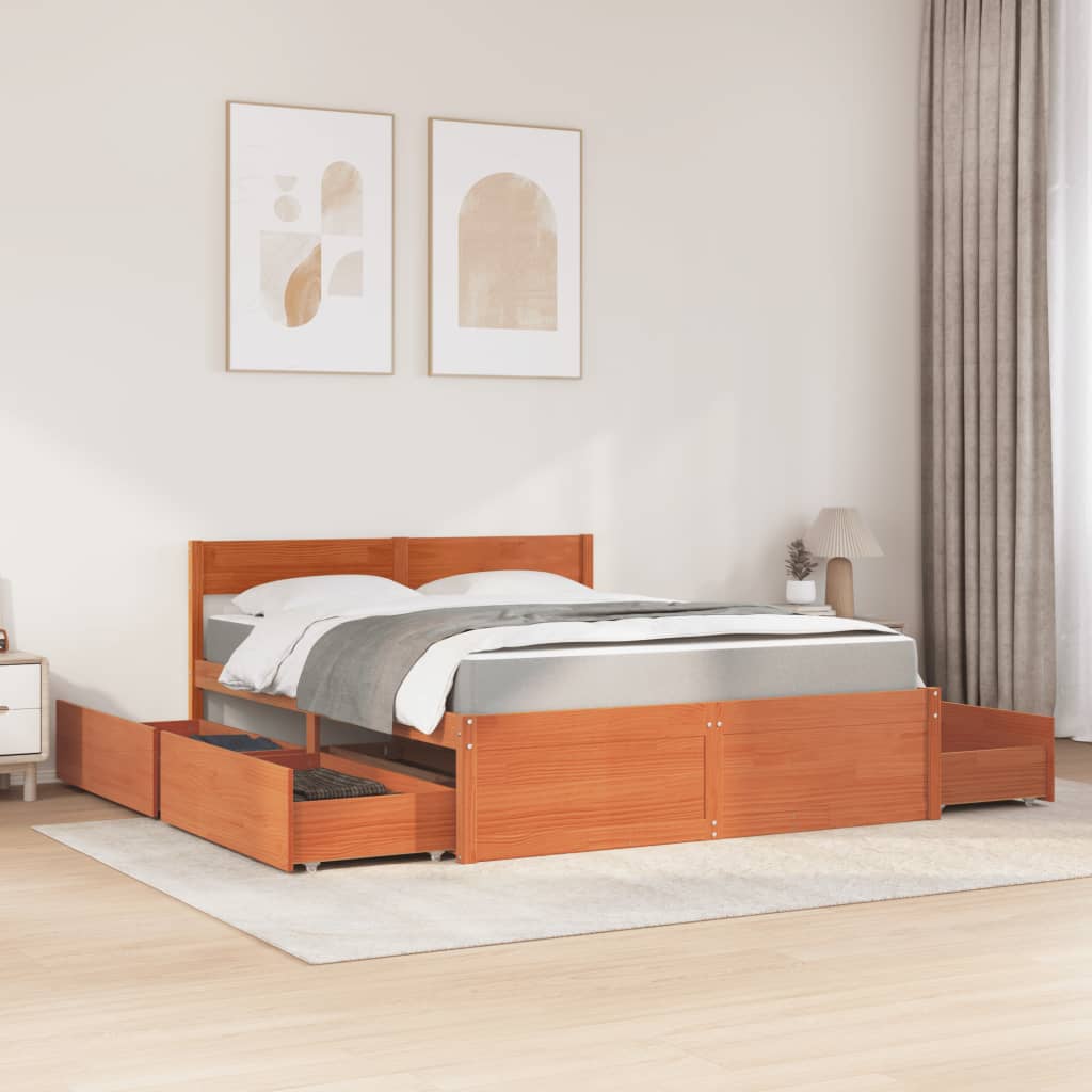 Letto Cassetti e Materasso Marrone Cera 140x200cm Massello Pino | homemem39