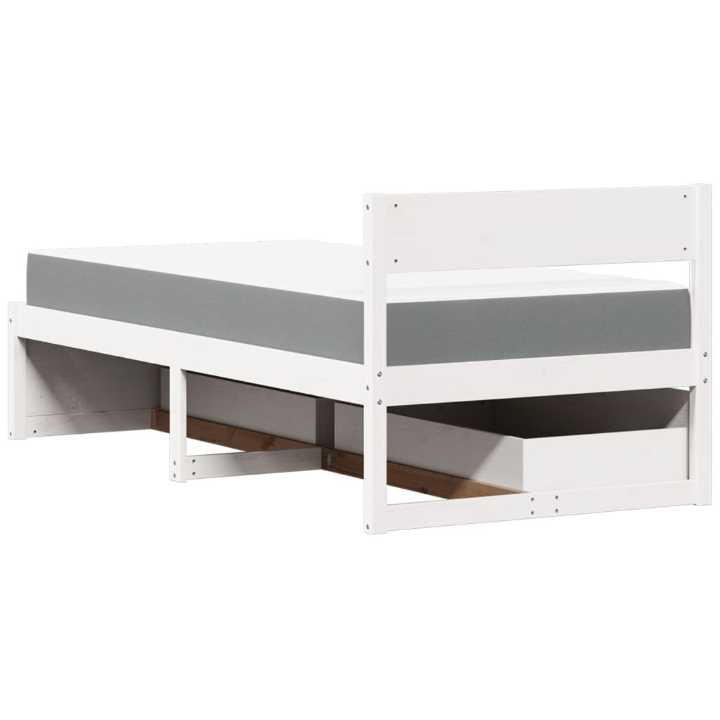 Letto Cassetti e Materasso Bianco 100x200cm Legno Massello Pino