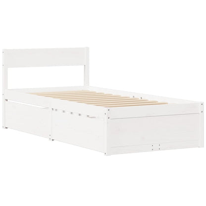 Letto Cassetti e Materasso Bianco 100x200cm Legno Massello Pino