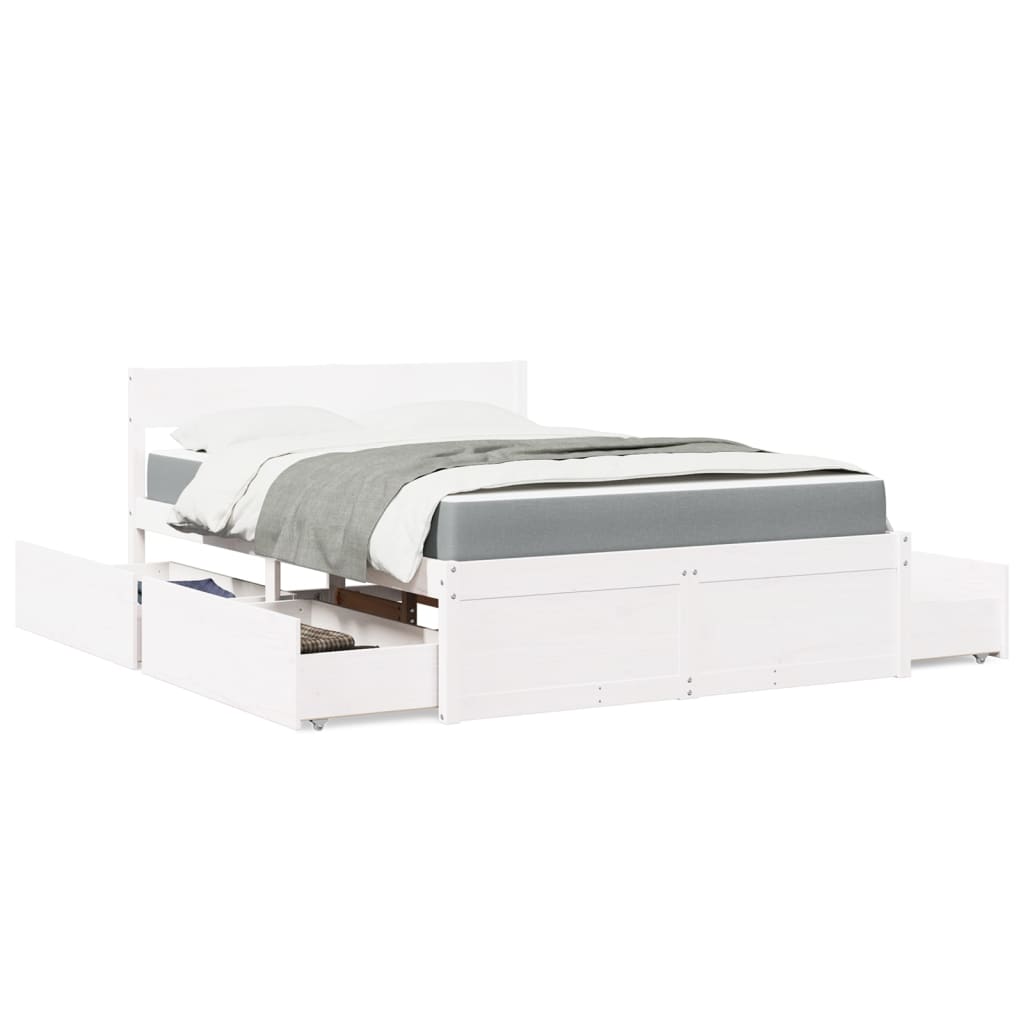 Letto Cassetti e Materasso Bianco 140x190cm Legno Massello Pino | homemem39