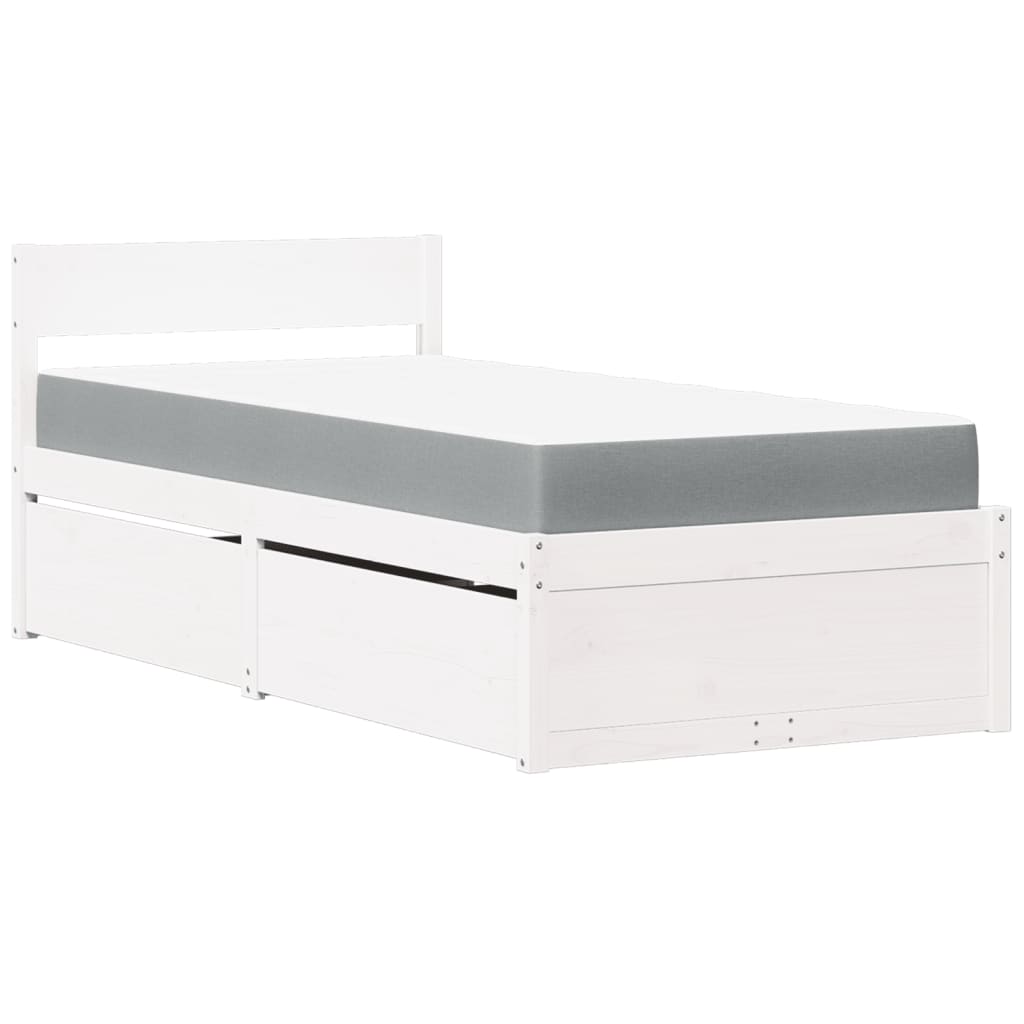 Letto Cassetti e Materasso Bianco 90x190 cm Legno Massello Pino - homemem39