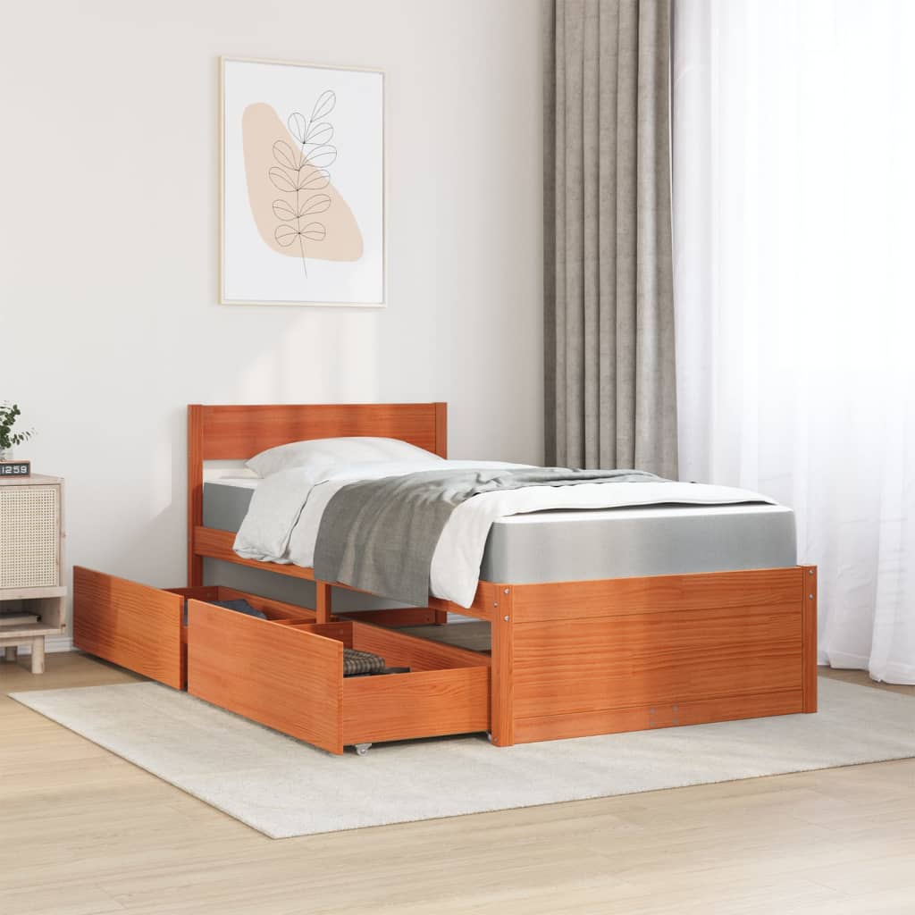 Letto Cassetti e Materasso Marrone Cera 90x190cm Massello Pino - homemem39