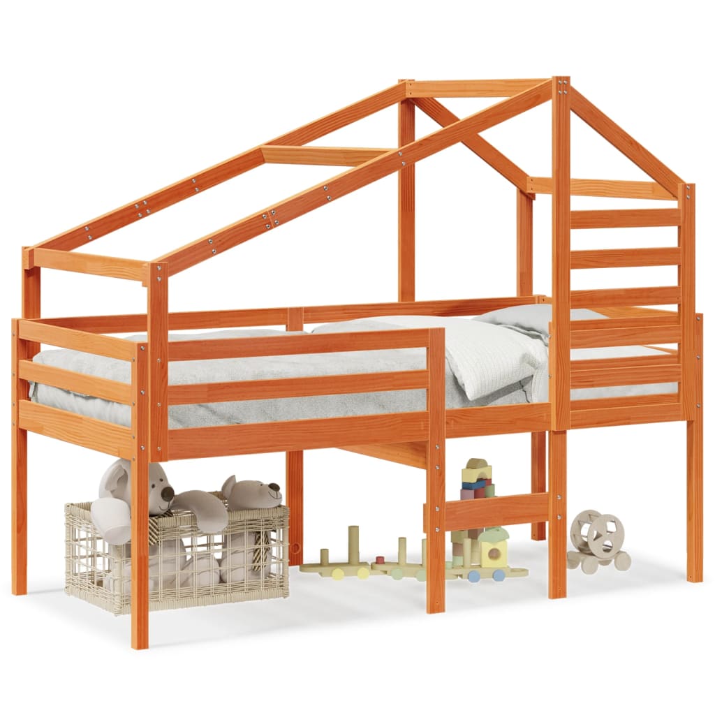 Letto a Soppalco con Tetto Cera 80x200 cm in Legno di Pino - homemem39