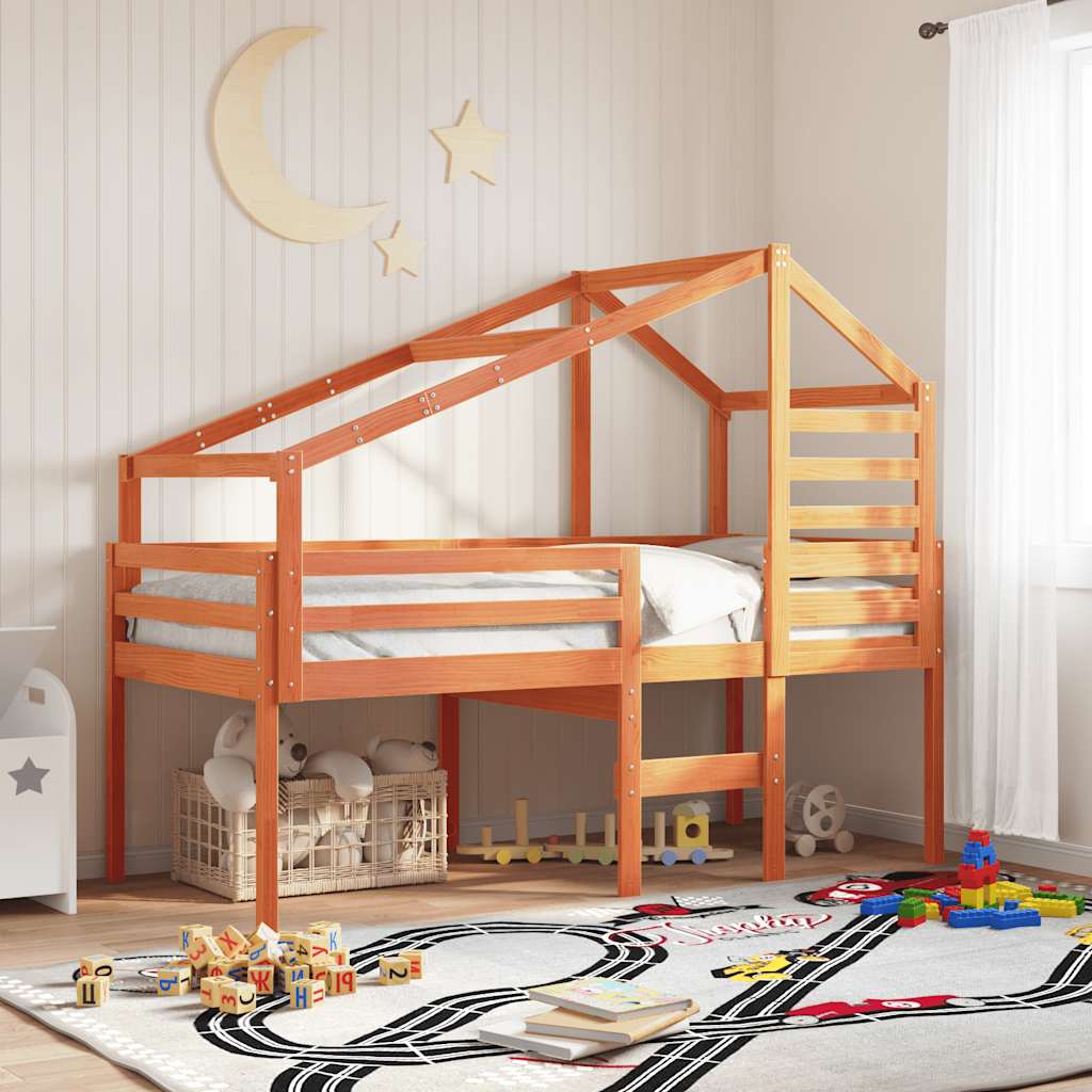 Letto a Soppalco con Tetto Cera 75x190cm Legno Massello di Pino | homemem39