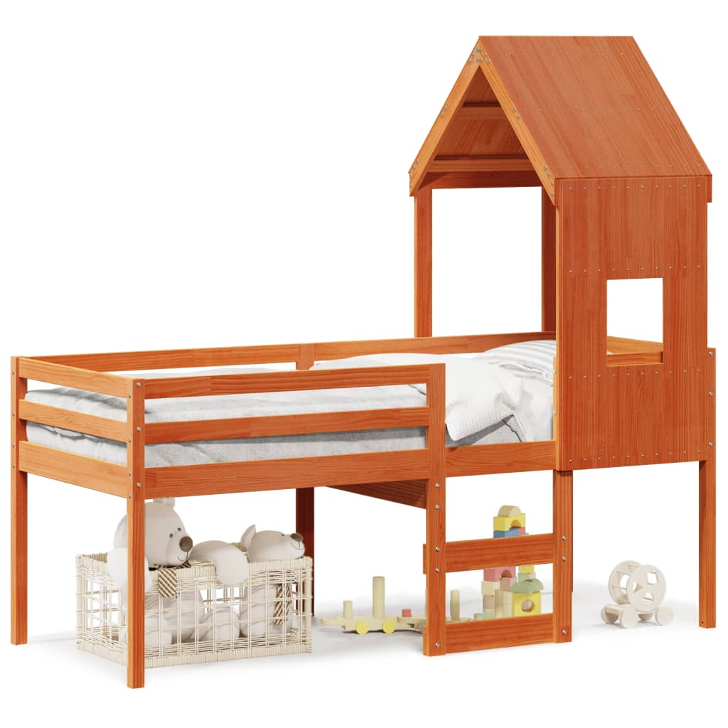 Letto a Soppalco con Tetto Cera 80x200 cm in Legno di Pino - homemem39