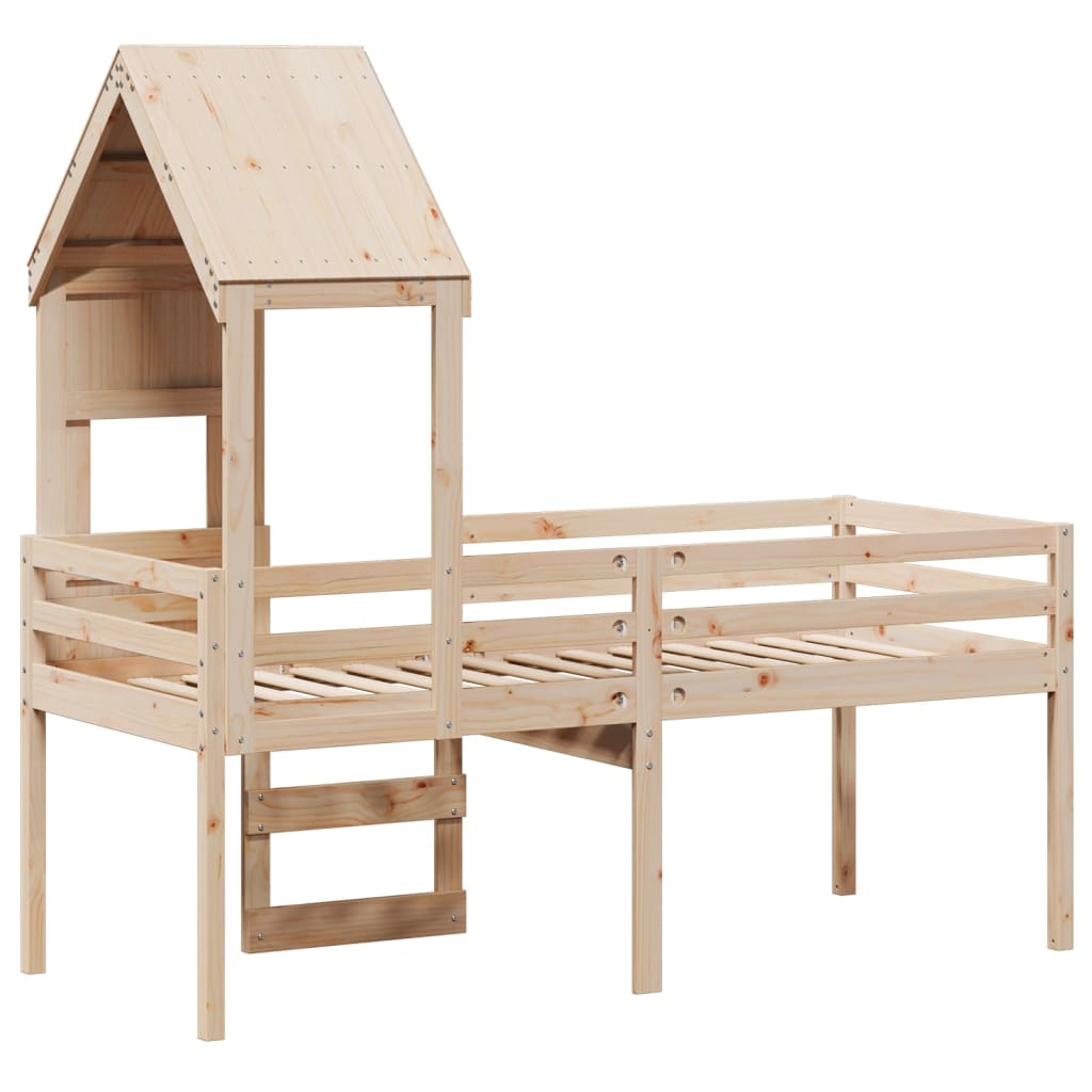 Letto a Soppalco con Tetto 75x190 cm in Legno Massello di Pino | homemem39