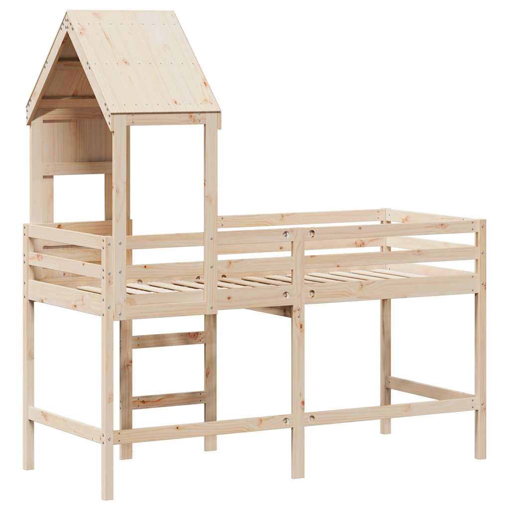 Letto Soppalco con Scala e Tetto 90x190 cm Legno Massello Pino