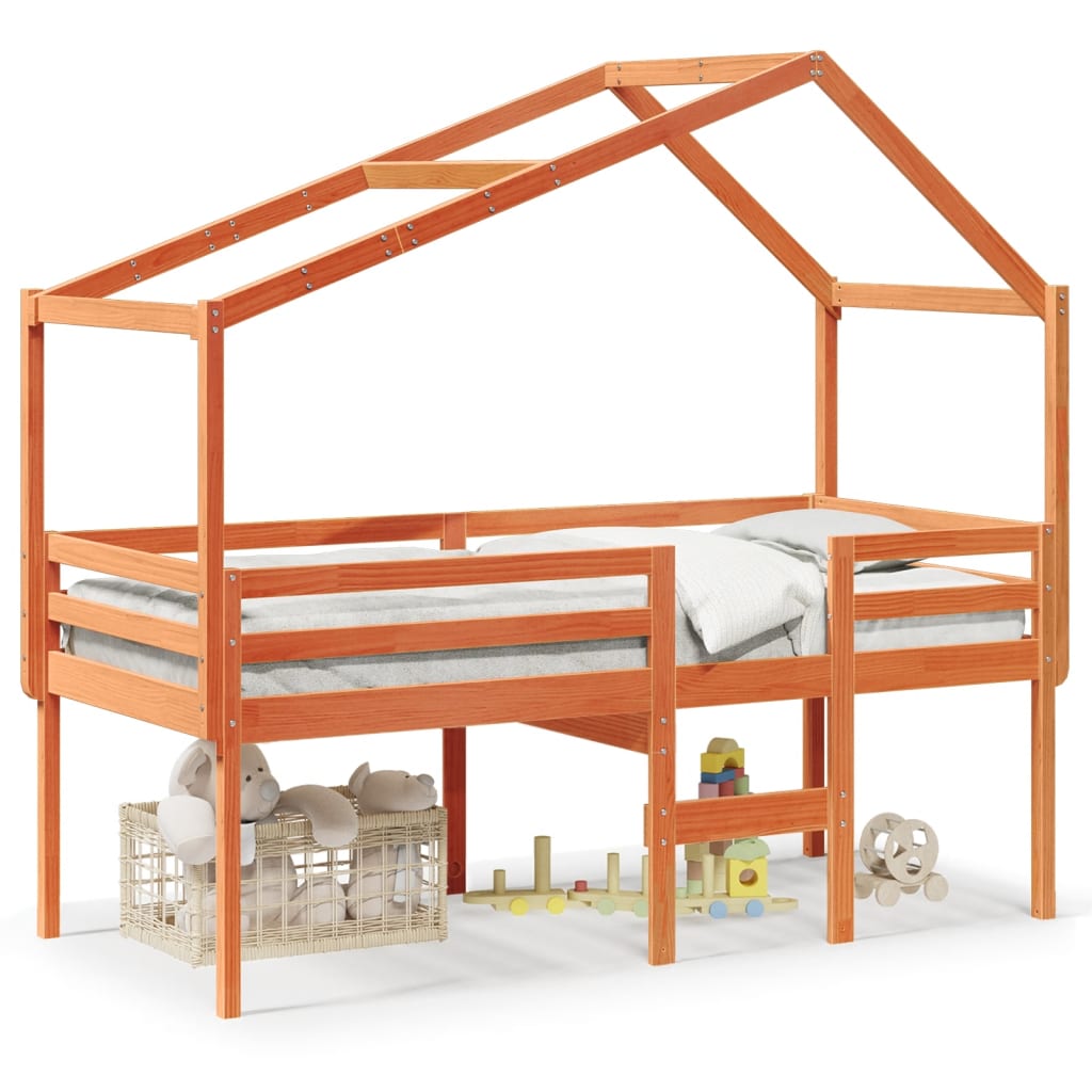Letto a Soppalco con Tetto Cera 75x190cm Legno Massello di Pino | homemem39