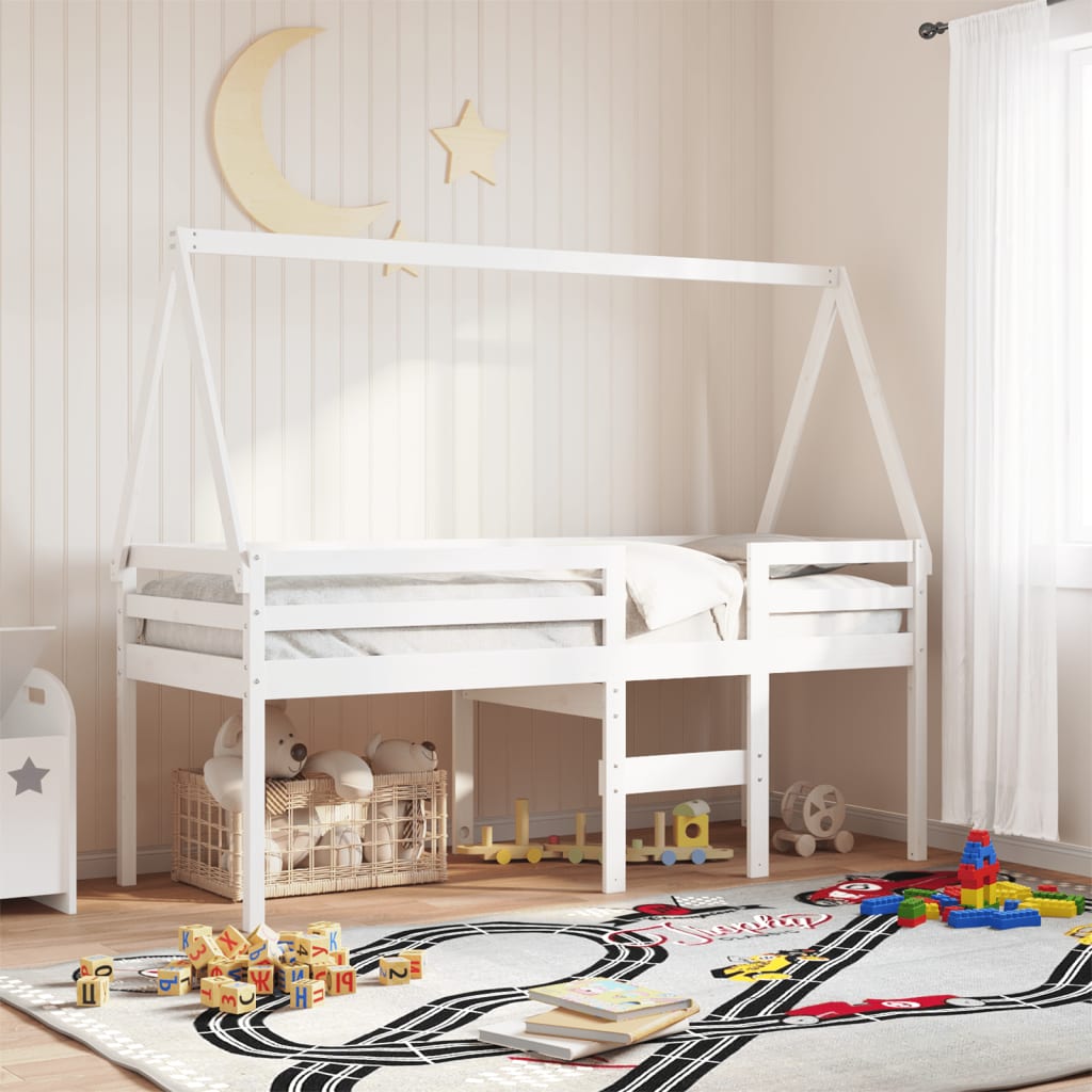 Letto a Soppalco con Tetto Bianco 75x190 cm in Legno di Pino - homemem39