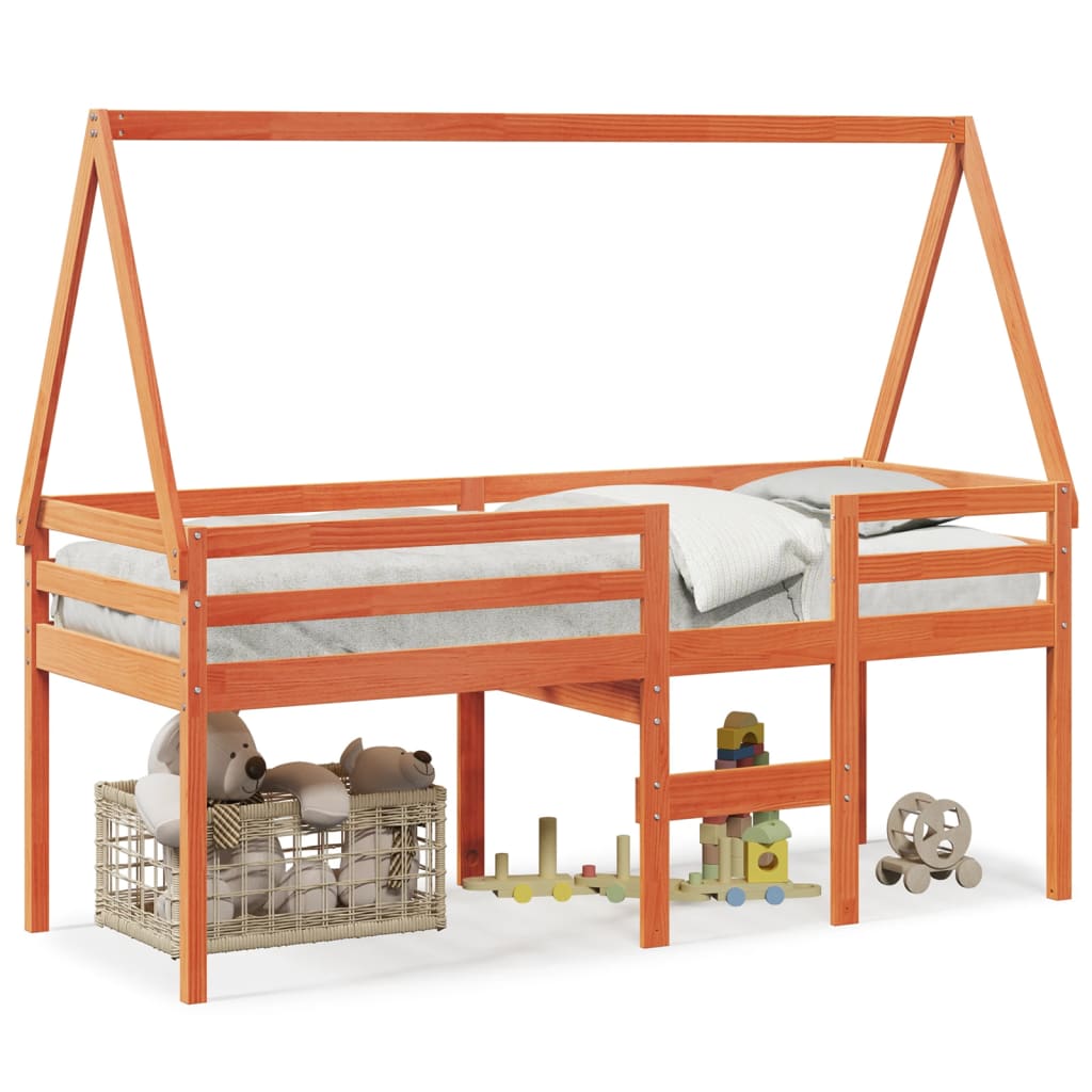 Letto a Soppalco con Tetto Cera 75x190cm Legno Massello di Pino - homemem39