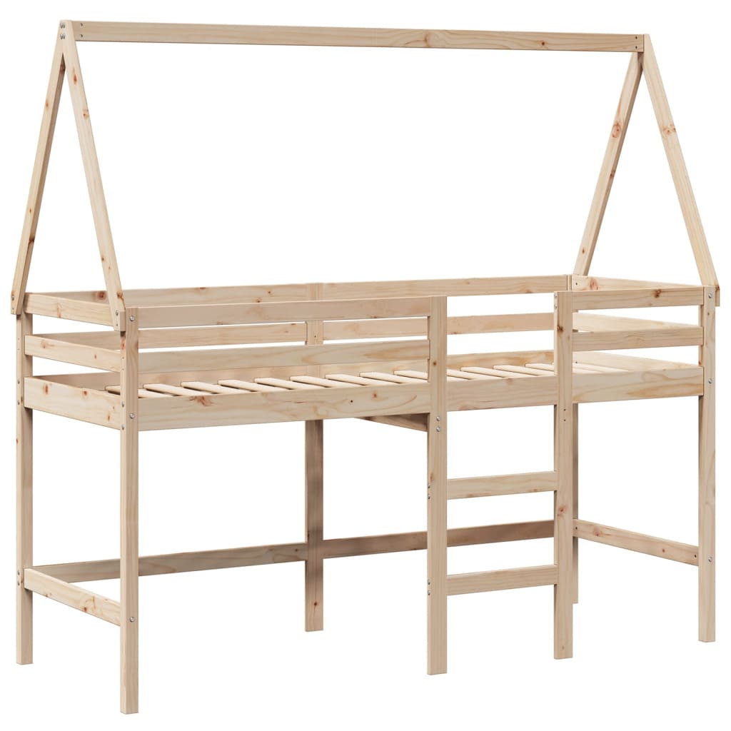Letto Soppalco con Scala e Tetto 90x200 cm Legno Massello Pino - homemem39