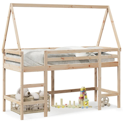 Letto Soppalco con Scala e Tetto 90x200 cm Legno Massello Pino - homemem39