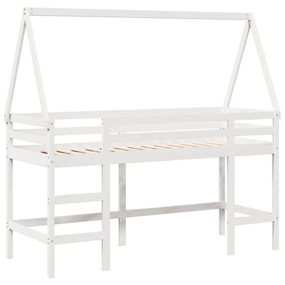 Letto Soppalco con Scala e Tetto Bianco 90x200 cm Massello Pino