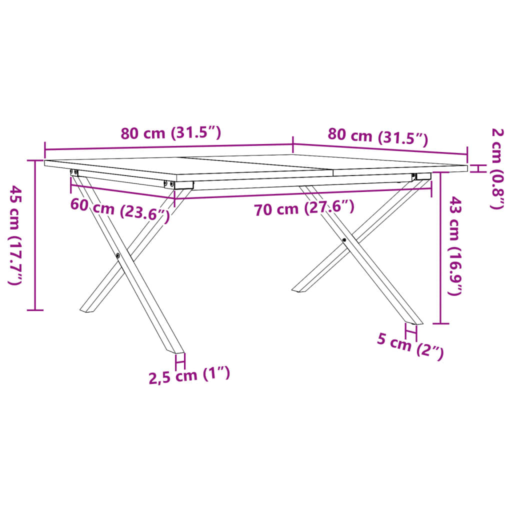 Tavolino da Salotto Telaio a X 80x80x45 cm Legno Pino e Acciaio | homemem39