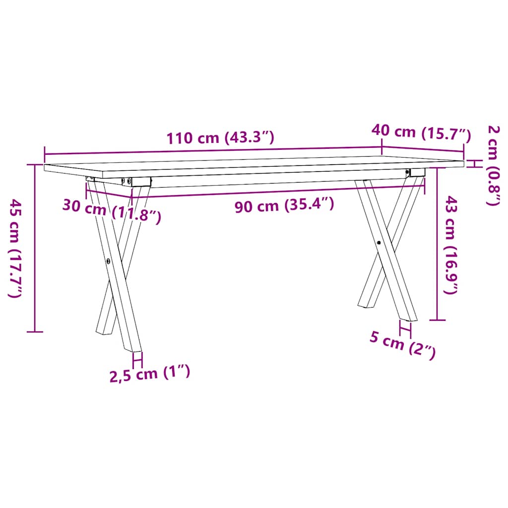 Tavolino Salotto Telaio a X 110x40x45 cm Legno Pino e Acciaio | homemem39