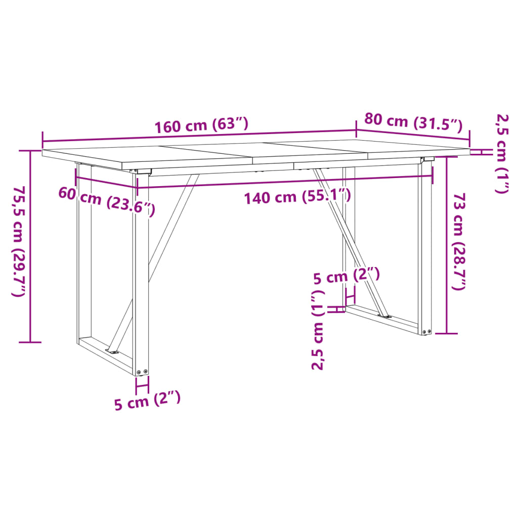 Tavolo da Pranzo Telaio a O 160x80x75,5 cm Legno Pino e Acciaio | homemem39