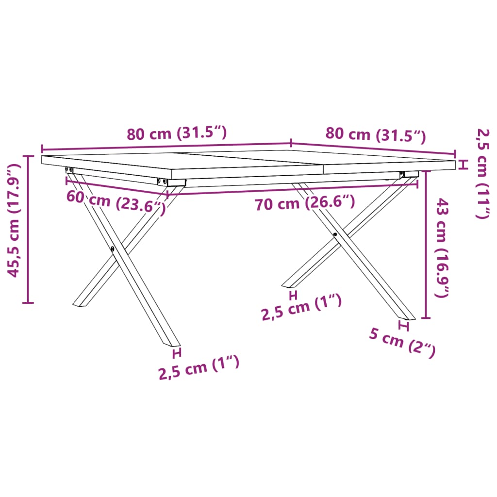 Tavolino Salotto Telaio a X 80x80x45,5cm Legno Pino e Acciaio | homemem39